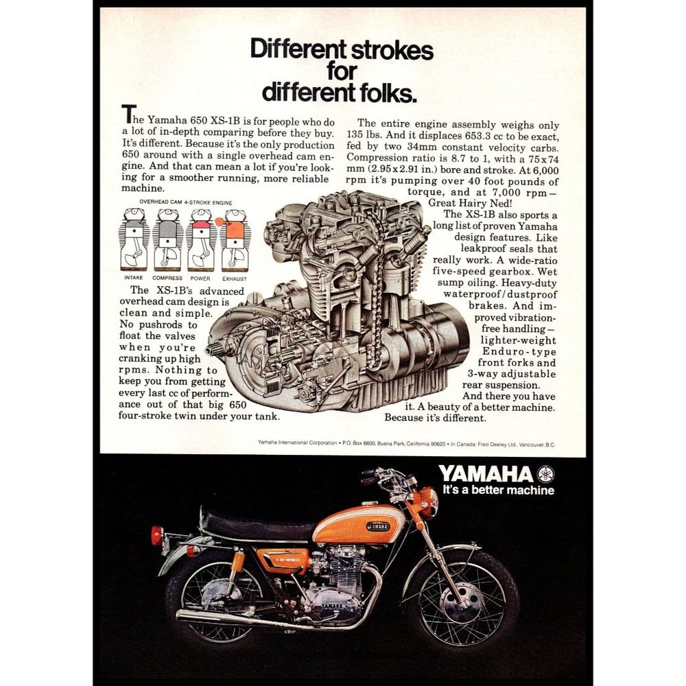 1971 Yamaha 650 XS-1B Motorcycle Vintage Print Ad Cruiser 4 Stroke Wall Art